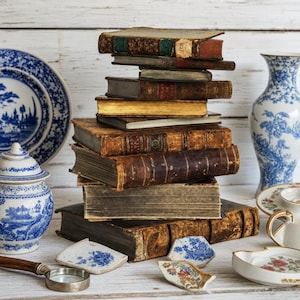May include: A stack of antique books with worn leather covers and gold-gilded edges, surrounded by blue and white porcelain pieces, a magnifying glass with a wooden handle, and small ceramic fragments featuring floral and landscape patterns.