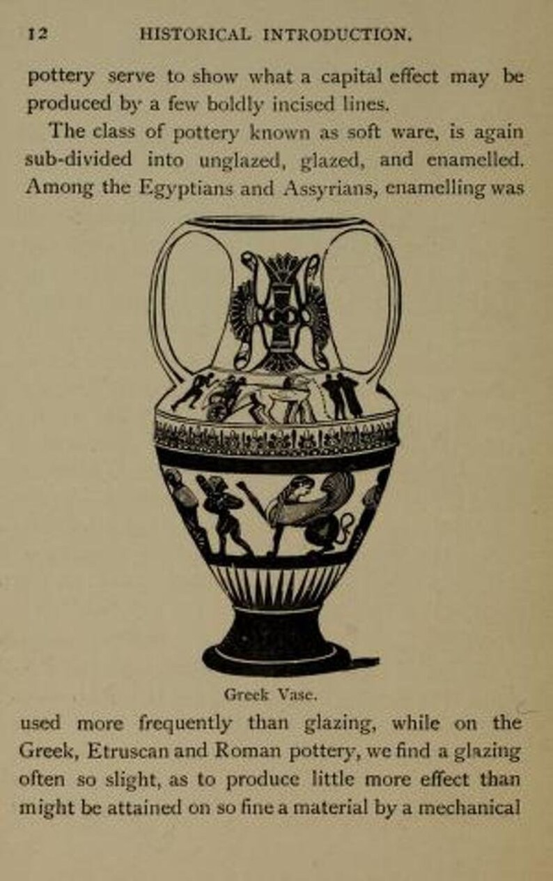 May include: A black and white illustration of a Greek vase with two handles, featuring intricate black figure designs of figures and animals. The text above reads 12 HISTORICAL INTRODUCTION and the text below reads Greek Vase.