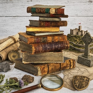 May include: A stack of weathered, antique books with worn leather covers sits atop a vintage map. Nearby are a brass compass, a magnifying glass, a stone cross sculpture, a miniature castle model, and a shield emblem with lion motifs.