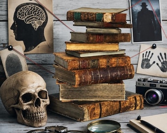 May include: A stack of weathered antique books sits beside a human skull, a pair of metal handcuffs, a magnifying glass, a camera, and a notebook. Pinned to the wall are a brain diagram, a fingerprint, and a silhouette of a person in a hat.
