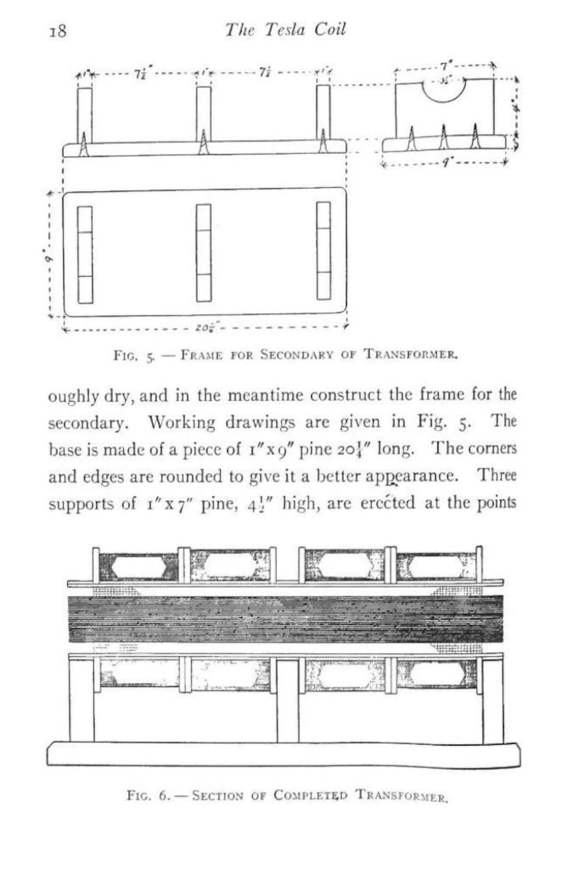 May include: A technical diagram titled The Tesla Coil, featuring Fig. 5, Frame for Secondary of Transformer, with dimensions in inches, and Fig. 6, Section of Completed Transformer, showing a rectangular base with three vertical supports and a coil.