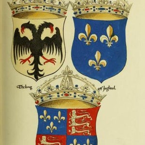 May include: An illustration featuring three heraldic shields with crowns. The top left shield shows a black double-headed eagle on cream. The top right shield displays three gold fleur-de-lis on blue. The bottom shield is quartered with fleur-de-lis and lions.
