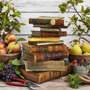 Op de afbeelding: Een verticale stapel antieke boeken met harde kaft en versleten bruine en gouden ruggen, omringd door manden met rode appels en gele peren, een kleine metalen emmer met bessen, een tros paarse druiven en een rode snoeischaar.