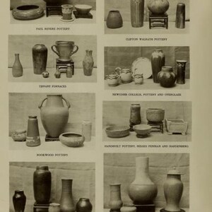 May include: A black and white catalog page titled KERAMIC STUDIO featuring eight distinct sections of ceramic pottery. Each section displays various vases, bowls, and vessels labeled by their respective makers, including Paul Revere and Rookwood.