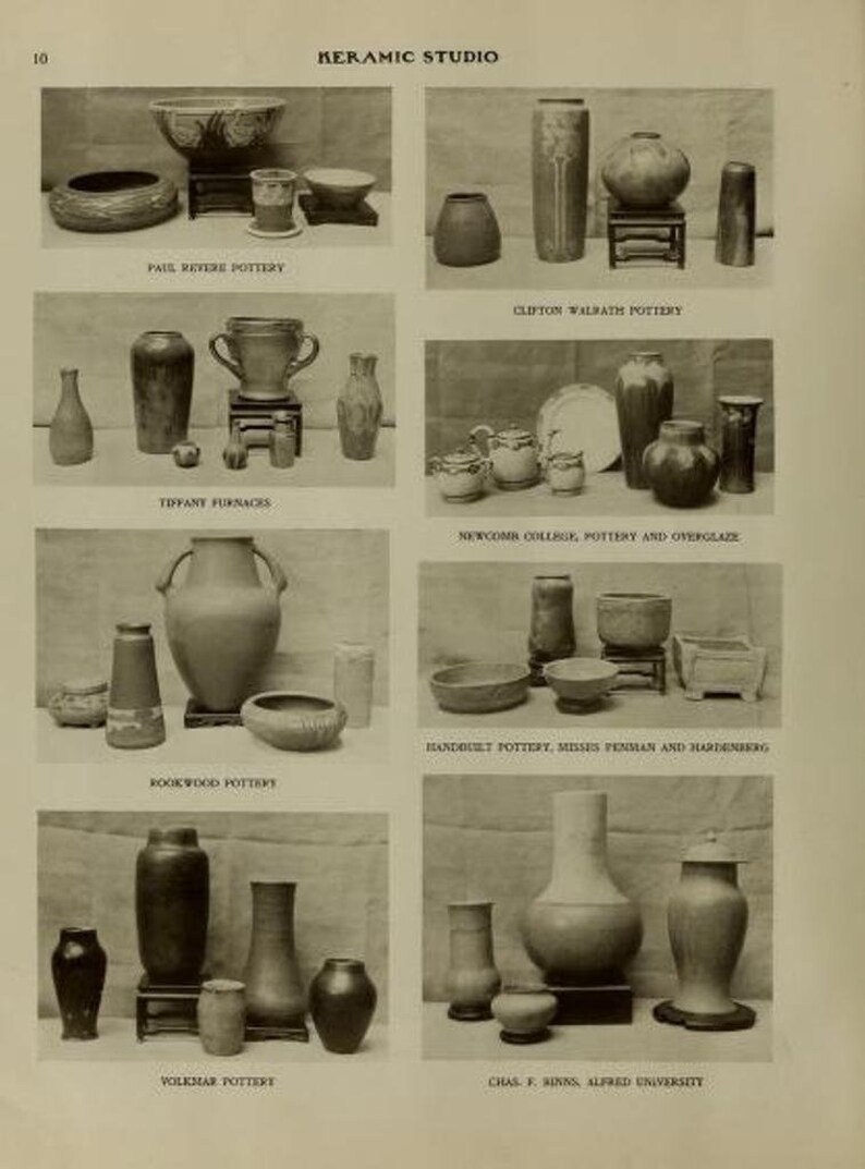 May include: A black and white catalog page titled KERAMIC STUDIO featuring eight distinct sections of ceramic pottery. Each section displays various vases, bowls, and vessels labeled by their respective makers, including Paul Revere and Rookwood.