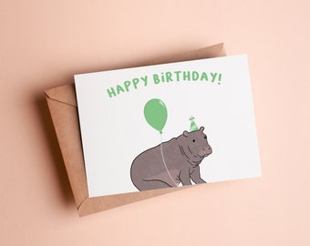 Happy Birthday Hippopotamus Card Hippo Birthday Card for Hippo Lover Hippo Gift Animal Birthday Card