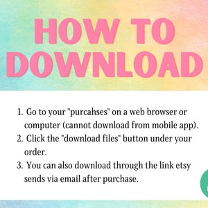 Puede incluir: Una gu&iacute;a con instrucciones sobre c&oacute;mo descargar archivos. El texto dice "HOW TO DOWNLOAD" en letras rosas. Las instrucciones se enumeran en un cuadro blanco con un fondo colorido. Un icono de descarga verde est&aacute; en la esquina inferior derecha.