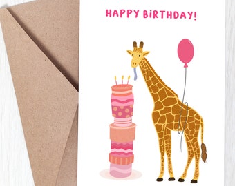 Giraffe Happy Birthday Card, Birthday Cake Giraffe
