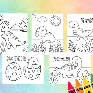 Puede incluir: Cinco p&aacute;ginas para colorear de dinosaurios en blanco y negro con texto que dice "Run!", "Roar!", "Hatch!" y m&aacute;s. Las p&aacute;ginas presentan varios dinosaurios y paisajes, con un borde de crayones.
