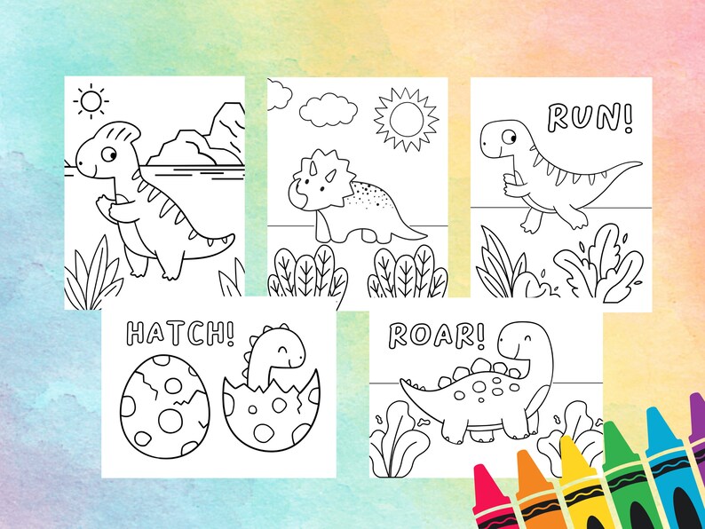 Puede incluir: Cinco p&aacute;ginas para colorear de dinosaurios en blanco y negro con texto que dice "Run!", "Roar!", "Hatch!" y m&aacute;s. Las p&aacute;ginas presentan varios dinosaurios y paisajes, con un borde de crayones.