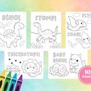 Puede incluir: Un conjunto de diez p&aacute;ginas para colorear con ilustraciones de dinosaurios en blanco y negro, con textos como "Dino!" y "Stomp!". Incluye varios dinosaurios y el texto "10 p&aacute;ginas".