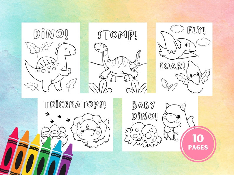 Puede incluir: Un conjunto de diez p&aacute;ginas para colorear con ilustraciones de dinosaurios en blanco y negro, con textos como "Dino!" y "Stomp!". Incluye varios dinosaurios y el texto "10 p&aacute;ginas".