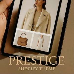 Peut inclure: Une tablette numérique affiche un site web de mode avec des images d'un manteau cape, d'un sac à main marron et d'une robe blanche. Le mot "PRESTIGE" est affiché en grand, avec "SHOPIFY THEME" en dessous.
