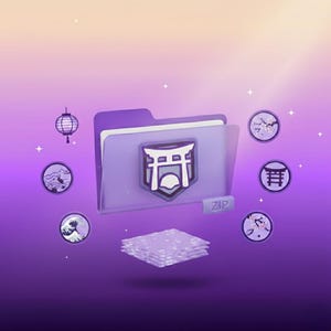 Op de afbeelding: Een paarse map met een Japans Torii-poortembleem, omringd door cirkelvormige iconen met Japanse illustraties. De map heeft het label "ZIP". Een stapel papier staat eronder, alles tegen een paarse gradiënt achtergrond.