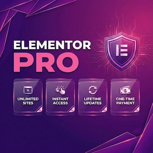 May include: A digital graphic with the words "ELEMENTOR PRO" in white and pink. Below are four icons with text: "UNLIMITED SITES", "INSTANT ACCESS", "LIFETIME UPDATES", and "ONE-TIME PAYMENT". A shield with the letters "IE" is in the upper right.