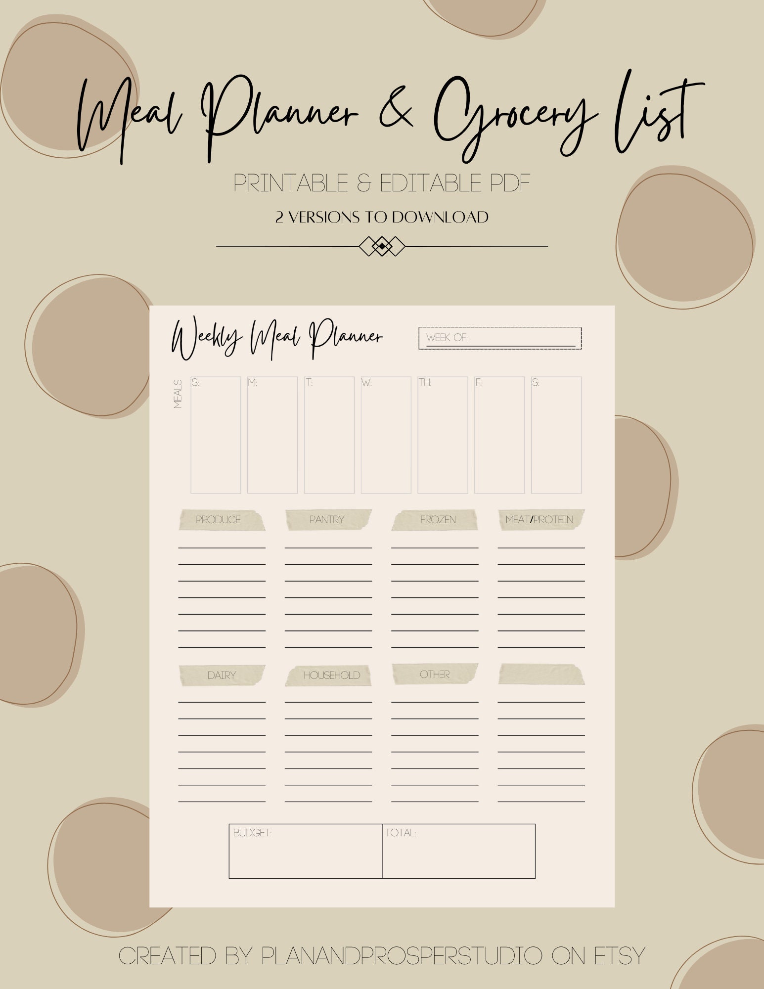 Printable Editable Weekly Meal Planner, Grocery List Template, Digital ...