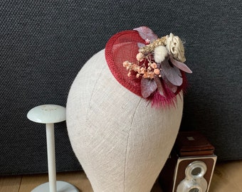 Autumn Fascinator dark red// English, Boho Wedding, Hat, Maid of Honor, Girlfriend, Cloth Flowers, Dried Flowers, Bordeaux
