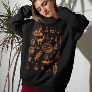 Halloween Pumpkin Sweatshirt, Spooky October Unisex Clothing, Black Cat Skeleton Witchcraft Occult Top, Mystical Witchy Fall Autumn Esoteric Black