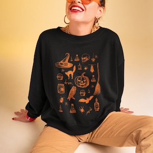 Halloween Pumpkin Sweatshirt, Spooky October Unisex Clothing, Black Cat Skeleton Witchcraft Occult Top, Mystical Witchy Fall Autumn Esoteric image 5