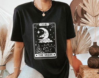 The Moon Tarot Tshirt, Spiritual Unisex Occult Top, Moon Child Witchy Cat Top, Stockings Wiccan Mystical Tshirt, Christmas Gift for Women