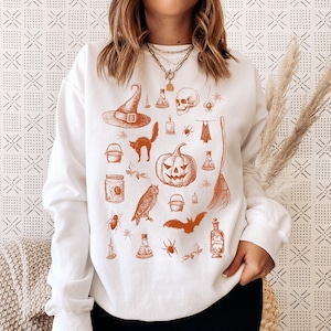 Halloween Pumpkin Sweatshirt, Spooky October Unisex Clothing, Black Cat Skeleton Witchcraft Occult Top, Mystical Witchy Fall Autumn Esoteric White