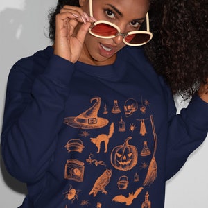 Halloween Pumpkin Sweatshirt, Spooky October Unisex Clothing, Black Cat Skeleton Witchcraft Occult Top, Mystical Witchy Fall Autumn Esoteric Navy