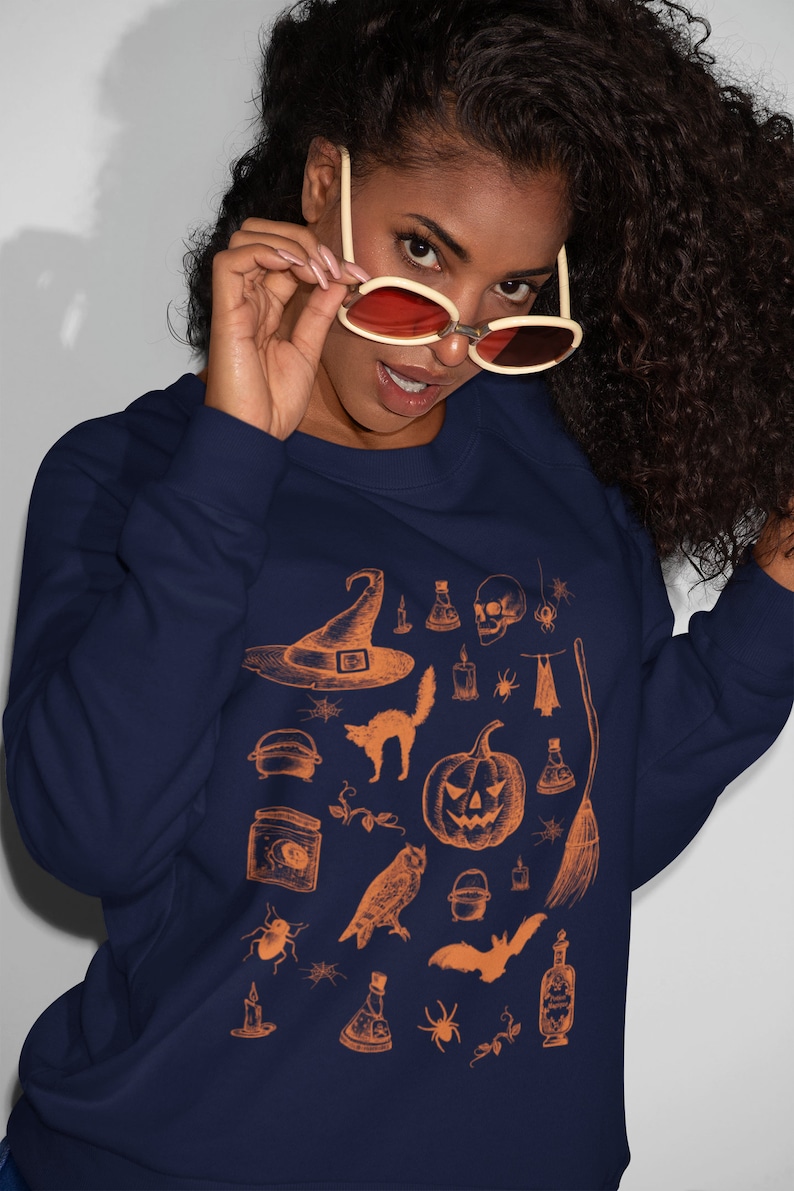 Halloween Pumpkin Sweatshirt, Spooky October Unisex Clothing, Black Cat Skeleton Witchcraft Occult Top, Mystical Witchy Fall Autumn Esoteric Navy