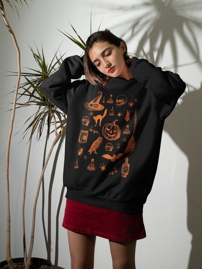 Halloween Pumpkin Sweatshirt, Spooky October Unisex Clothing, Black Cat Skeleton Witchcraft Occult Top, Mystical Witchy Fall Autumn Esoteric Black