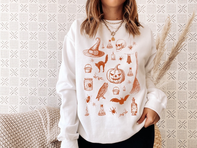 Halloween Pumpkin Sweatshirt, Spooky October Unisex Clothing, Black Cat Skeleton Witchcraft Occult Top, Mystical Witchy Fall Autumn Esoteric White
