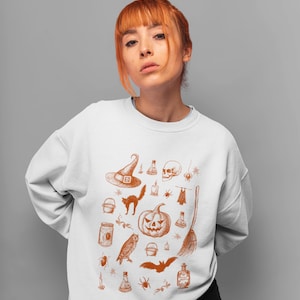 Halloween Pumpkin Sweatshirt, Spooky October Unisex Clothing, Black Cat Skeleton Witchcraft Occult Top, Mystical Witchy Fall Autumn Esoteric image 2