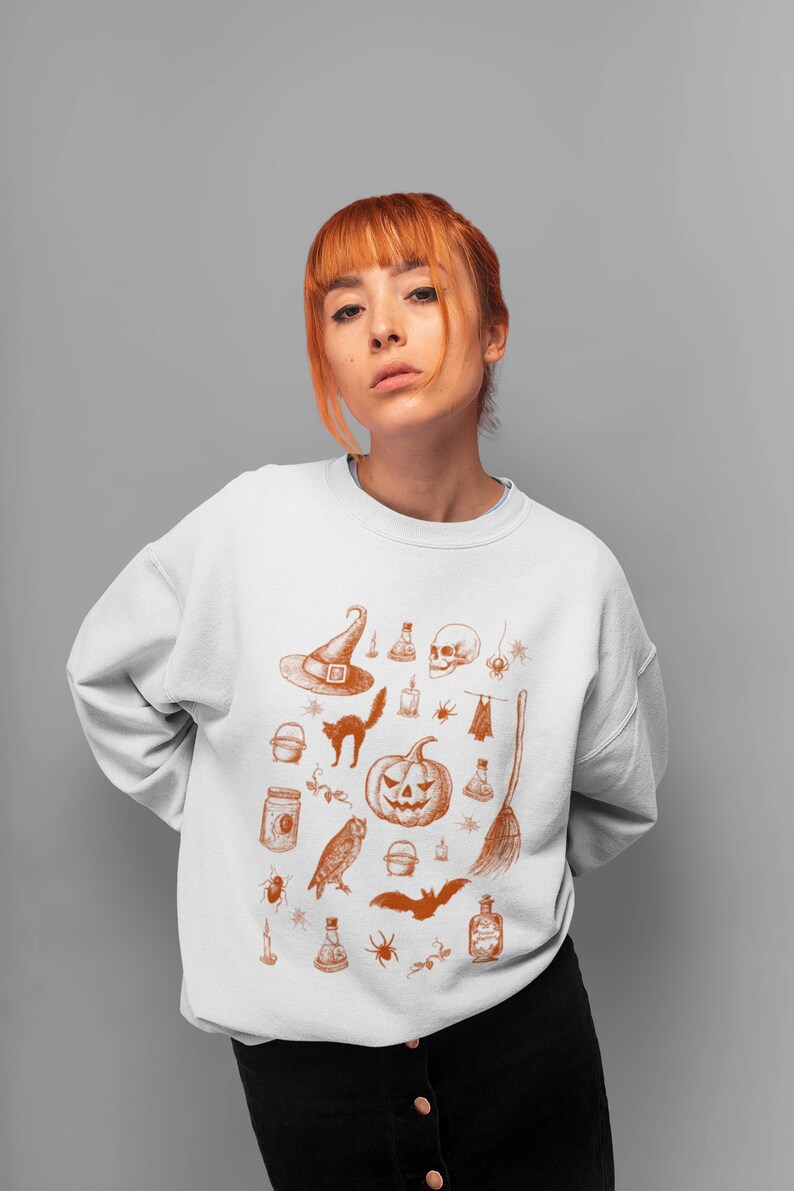 Halloween Pumpkin Sweatshirt, Spooky October Unisex Clothing, Black Cat Skeleton Witchcraft Occult Top, Mystical Witchy Fall Autumn Esoteric image 2