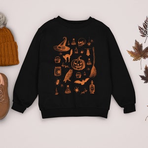 Halloween Pumpkin Sweatshirt, Spooky October Unisex Clothing, Black Cat Skeleton Witchcraft Occult Top, Mystical Witchy Fall Autumn Esoteric image 6