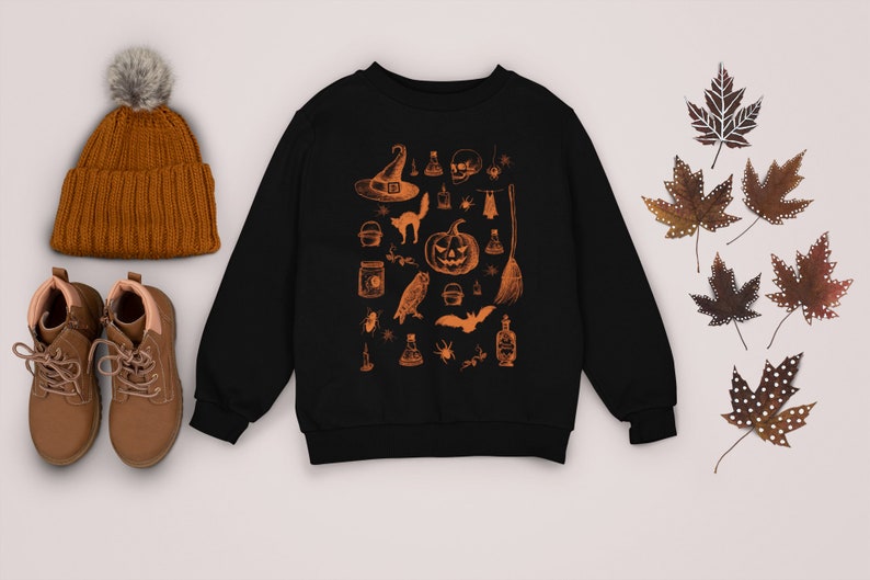 Halloween Pumpkin Sweatshirt, Spooky October Unisex Clothing, Black Cat Skeleton Witchcraft Occult Top, Mystical Witchy Fall Autumn Esoteric image 6