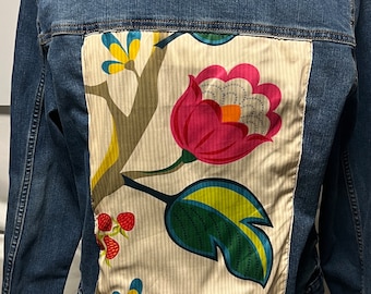 Peacocks and Flowers on White or Blue Denim