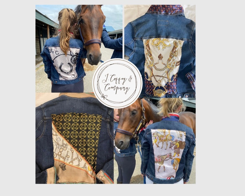May include: Four denim jackets with different patterned fabric patches on the back. The patches feature horses, chains, and geometric designs. The jackets are a dark blue denim.