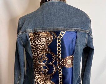 Blue, Gold and Leopard Print Denim Jacket Silk Scarf Equestrian Designer Scarf Jean Jacket Women's Ladies Sewn Satin Scarf Designer Scarf