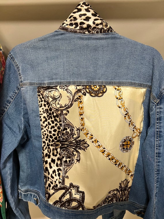 Cream, Gold and Leopard Print Denim Jacket Silk Scarf Equestrian Designer Scarf Jean Jacket Women's Ladies Sewn Satin Scarf Designer Scarf