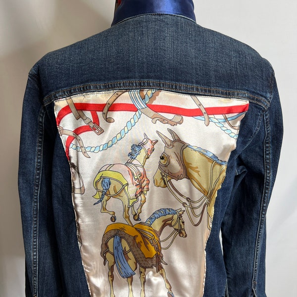 Watercolor-Blue Denim Jacket Silk Scarf Equestrian Designer Scarf Jean Jacket Women's Ladies Sewn Satin Scarf Designer Scarf Kentucky Derby