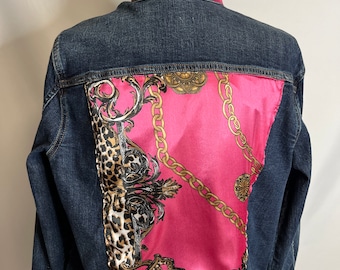 Hot Pink and Leopard Denim Jacket Silk Scarf Equestrian Designer Scarf Jean Jacket Women's Ladies Sewn Satin Scarf Designer Scarf