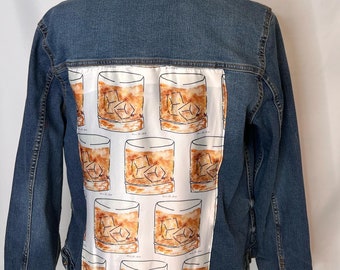 Bourbon Glasses Leopard Denim Jacket Silk Scarf Equestrian Designer Scarf Jean Jacket Women's Unique one of a Kind Artwork Kentucky Derby