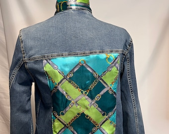 Bridles and Bits-Light Green-designer inspired scarf embellished on a medium  blue denim jacket Denim Jacket Silk Scarf Equestrian Designer