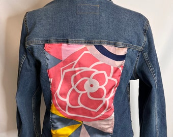 Pink and Navy Floral Denim Jacket Silk Scarf Designer Scarf size: MEDIUM Jean Jacket Women's Ladies Sewn Satin Scarf Designer Scarf