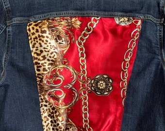 Red, Gold and leopard print  Denim Jacket Silk Scarf Equestrian Designer Scarf Jean Jacket Women's Ladies Sewn Satin Scarf Designer Scarf
