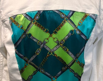 Bridles and Bits-Light Green-designer inspired scarf embellished on a white  denim jacket Denim Jacket Silk Scarf Equestrian Designer