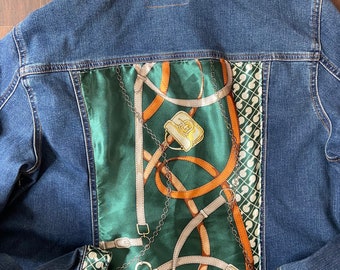 Bridles Green- designer inspired scarf embellished on a light blue denim jacket Denim Jacket Silk Scarf Equestrian Designer Scarf