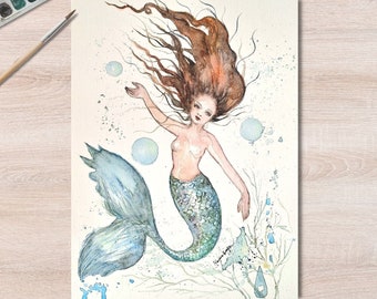 人魚の絵画 人魚と満月 オリジナル絵画 10 x 10 インチ - Etsy 日本