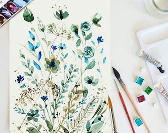 Blue Wildflowers Watercolor Painting – Original Meadow Floral Art (8x12)