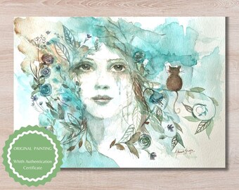 花を描いた女性の水彩画 - オリジナル肖像画（11 x 9インチ） - Etsy 日本
