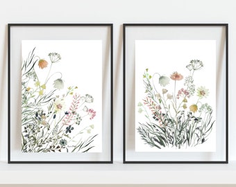 Wildflower Watercolor Prints Set | Botanical Meadow Flowers Diptych (Fine Art Paper)