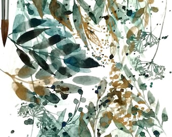 Acuarela original de hojas: arte botánico azul y dorado (18 x 30 cm)